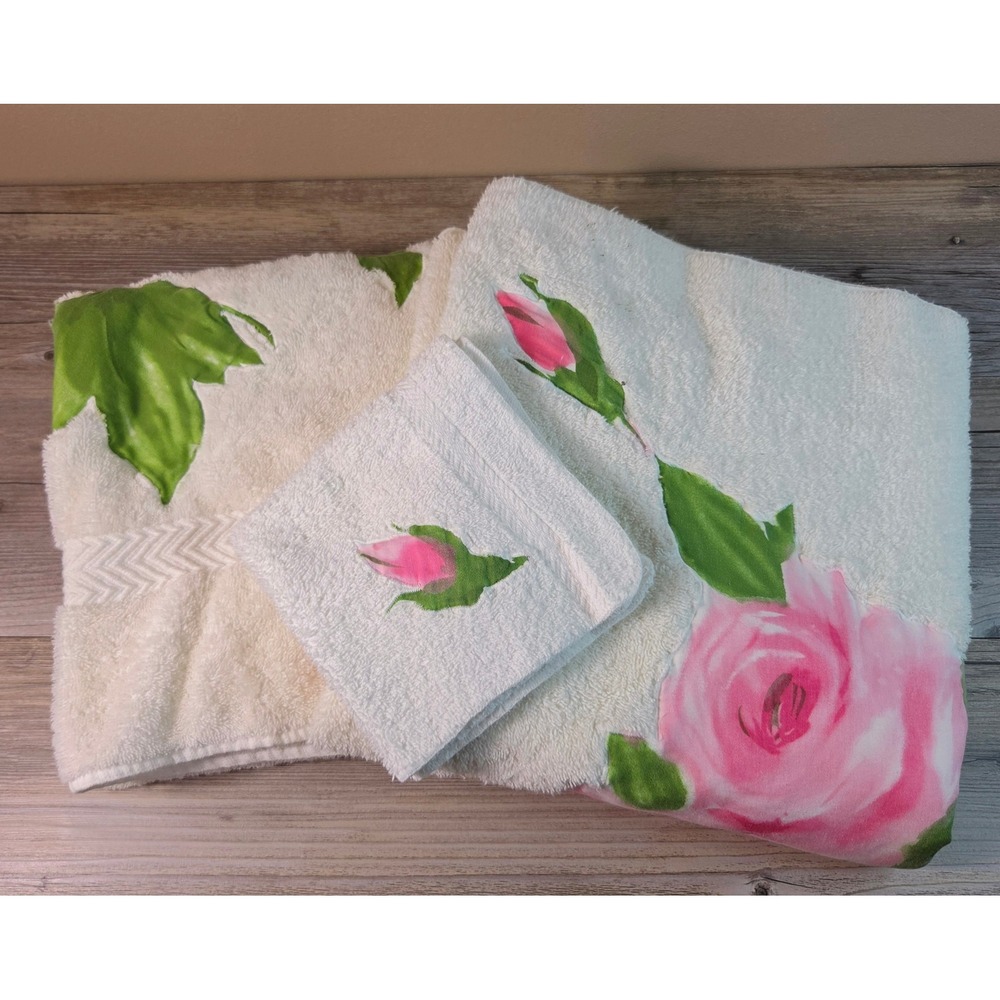 Vintage Sears Harmony House 3pc Pink Rose Towel Set 2 Bath Towels Washcloth